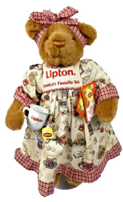 LIPTON TEA  BEAR 15'' W/TEA CUP/MUG w/TAGS BY DOUGLAS CO. W/STAND #1125