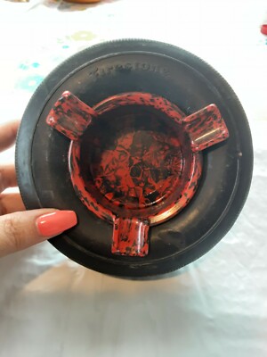 Vintage Firestone Tire Ashtray Red Marble Vintage Advertising Cigarette Tray