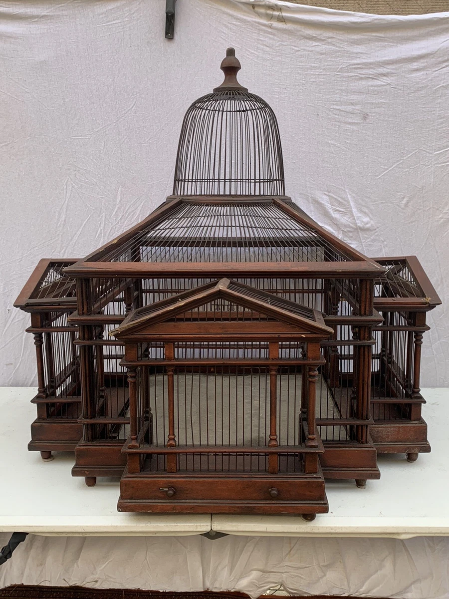 Antique French Victorian Wood & Metal Wire Dome Bird Cage House