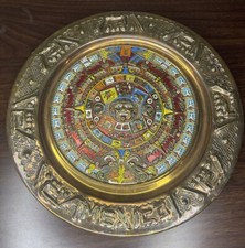 Vintage Aztec Copper Hanging Wall Plate MCM Colorful Embossed Mexico9.5”