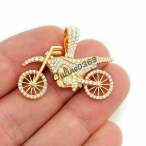 Authentic 1.10ct Moissanite Men's Sport Bike Charm Pendant 14K Yellow Gold Plated Silver