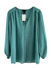 H&M Womens Semi Sheer Blouse Button Front V-Neck Size 14