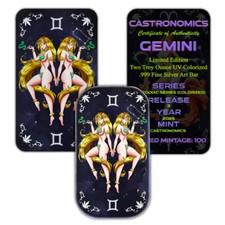 UV Colorized Gemini 2 oz .999 Silver Loaf Art Bar 420 Zodiac Series 109.65 per troy oz