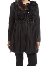 Ryu Coat Womans Size Small Black Ruffle Tulle Jacket With Rabbit Fur Balletcore