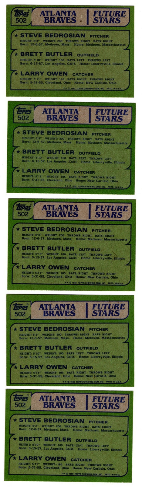 1982 Topps #502 BRETT BUTLER / STEVE BEDROSIAN Rookie 5 card lot ...