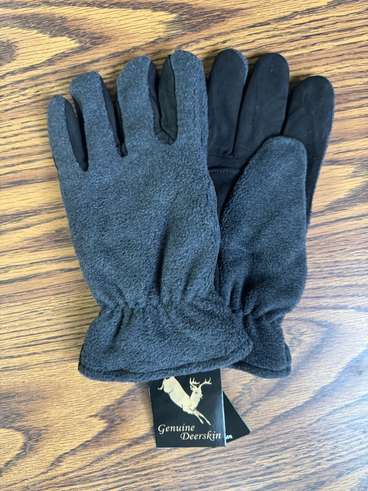Gray Fleece Gloves with Black Deerskin Leather Palm, Thinsulate Lining, XL