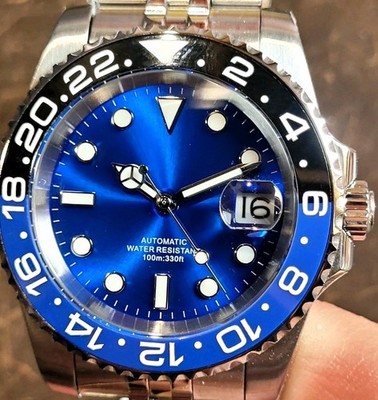 Cobalt Blue Automatic Sunburst Divers Watch Black Blue Sapphire Ceramic Steel UK