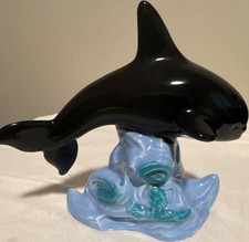 Orca Killer Whale Porcelain Figurine Statue on Blue Wave Base