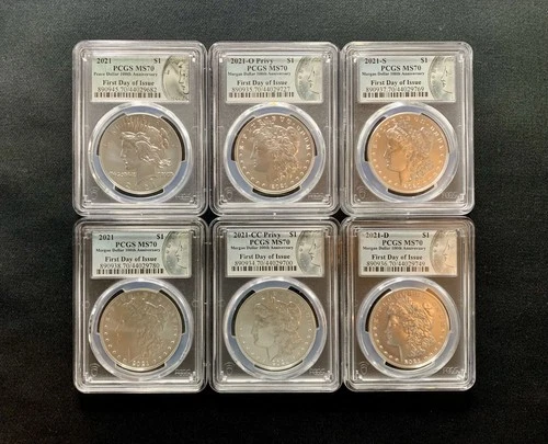 2021 MORGAN & PEACE SILVER DOLLAR PCGS MS70 FDOI 100th Anniversary 6 COIN SET
