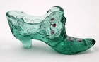 Stunning Fenton Cabbage Rose Slipper Shoe Clear Green Glass Hand Painted Signed