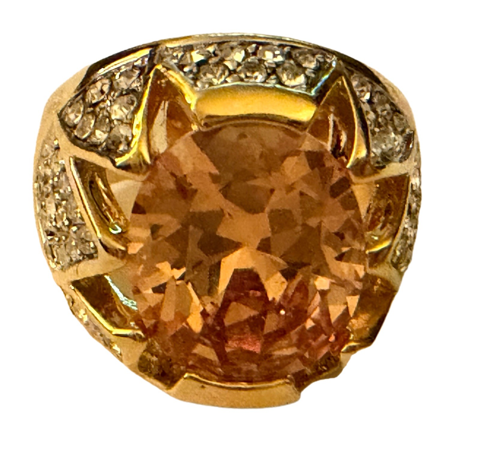RJG Designer Shiny Statement Gold Tone Faux Citrine & Diamond Cocktail Ring Sz 9