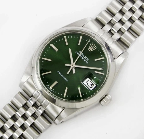 Vintage Rolex Oysterdate Precision Green Dial 34mm Men Steel Watch Ref 6694