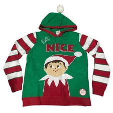 Elf On The Shelf Nice Sweater Mens Medium Green Red Christmas Ugly Sweater Hood