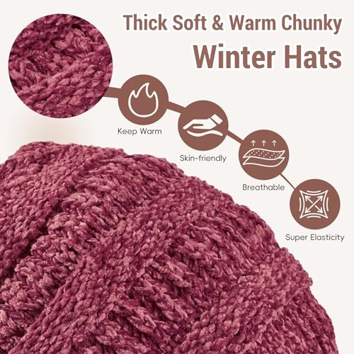 Knit Beanie Hat for Women Thick Fleece Lined Winter Hat Warm Skull Cap Red - Picture 2 of 6