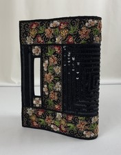 Vintage Sequined  Beaded Evening Bag Purse Black w Floral Design