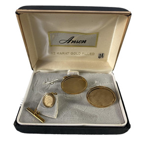 Vintage Anson 12K GF Cufflinks Tie Tack Chain Set Mens Gold Tone Oval Jewelry