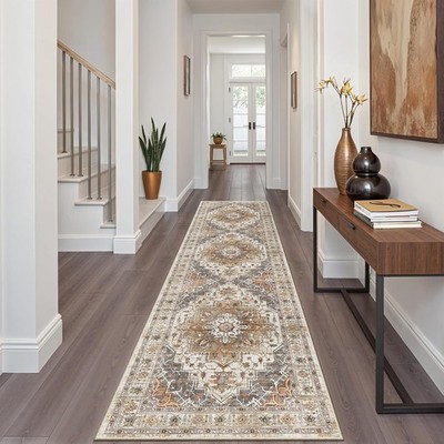 Washable Runner Rug Non Slip Vintage Hallway Carpet Low Pile Kitchen Floor Mat