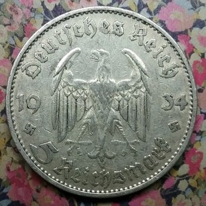 Rare 1934-D German 5 Mark KM#82 Divide Date Potsdam Garrison Church Swastika