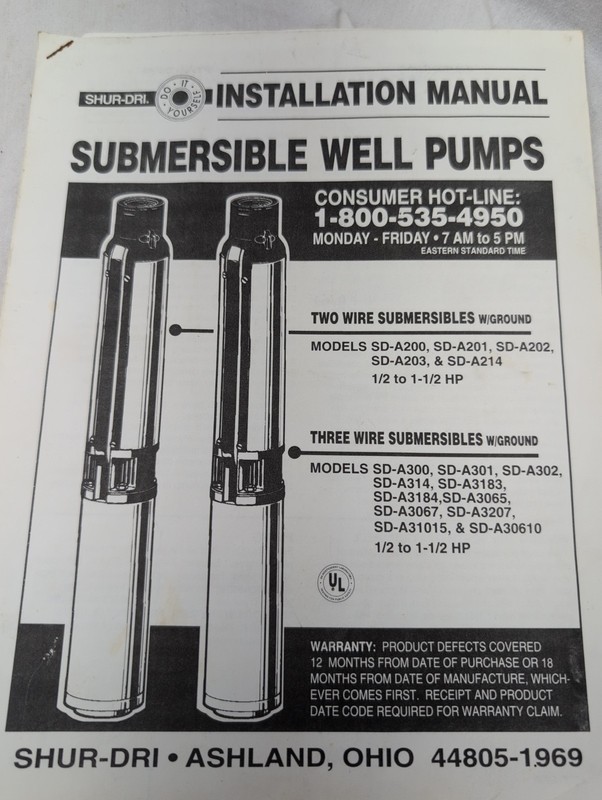 Shur-Dri Submersible Well Pumps Insulation Manual Model SD-a300, 301, 302, 314