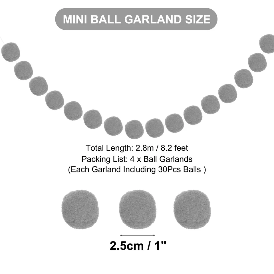 Декоративная гирлянда из 4 шариков Pom Pom 8,2 фута для вечеринок серая - Изображение 2 из 4