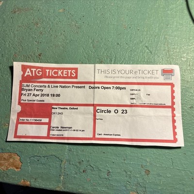 Brian Ferry, Concert Ticket 2018, Oxford New Theatre. Original.