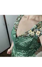Mac Duggal Green Sequin Beaded Floral Long A-Line Gown Dress Size 4