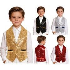Kids Boys Glittery Waistcoat V Neck Button-up Allover Sequin Vest Tank Top Dance