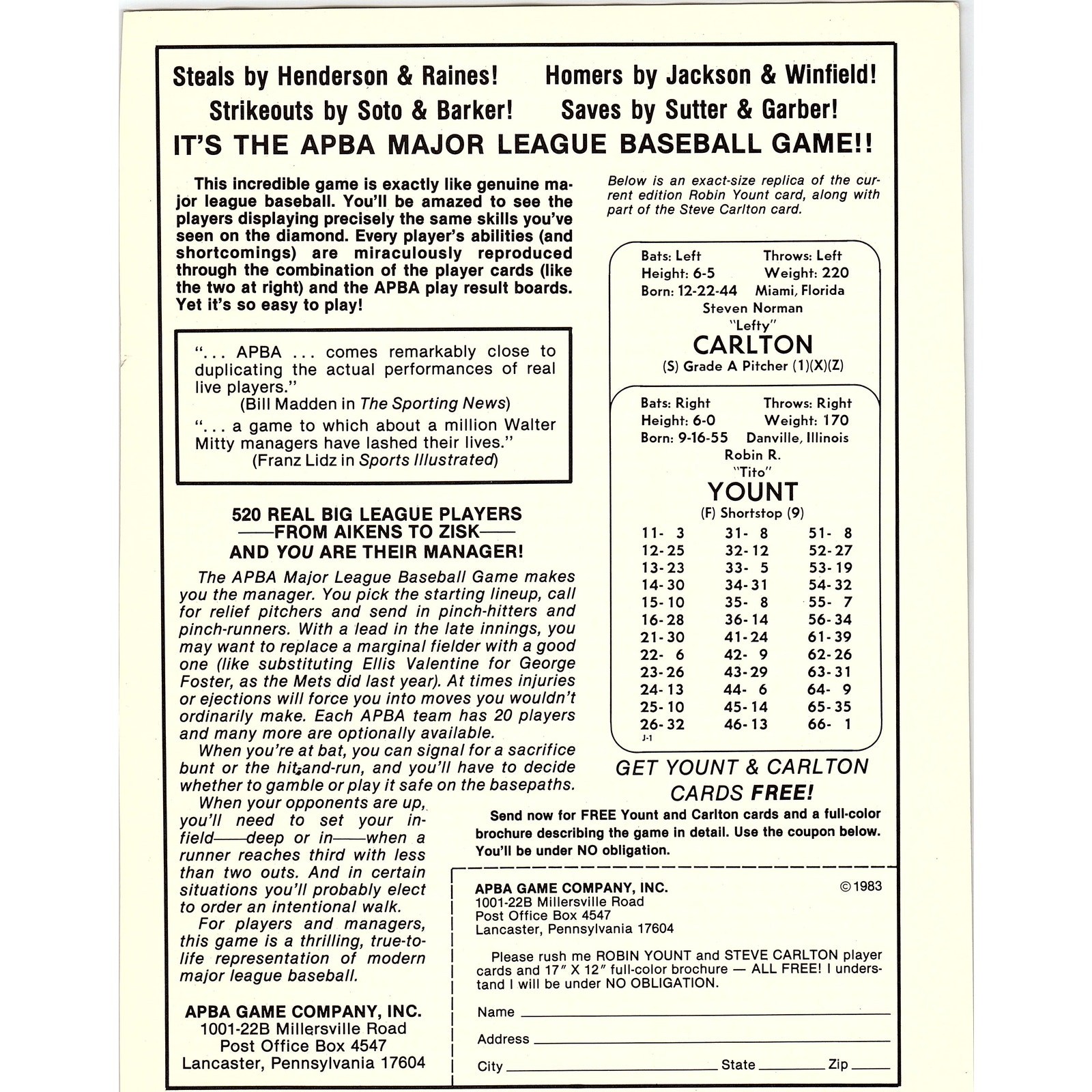 APBA Game Company Major League Baseball Game 8x11