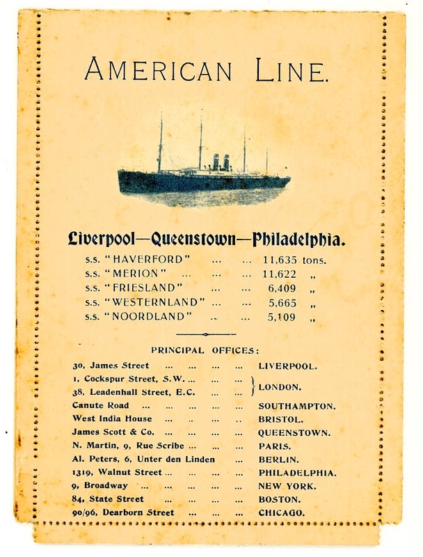S.S. Merion, American Line 1910 Ephemera - Menu and Menu/Letter Card