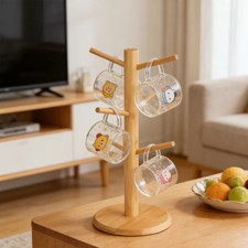 Wooden 6 Cup Mug Tree Kitchen Living Room Storage Rack Holder Stand Space Saving