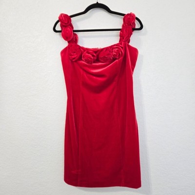 Avec Les Filles 12 Red Velvet Mini Dress Rose Detail Sleeveless Party Cocktail