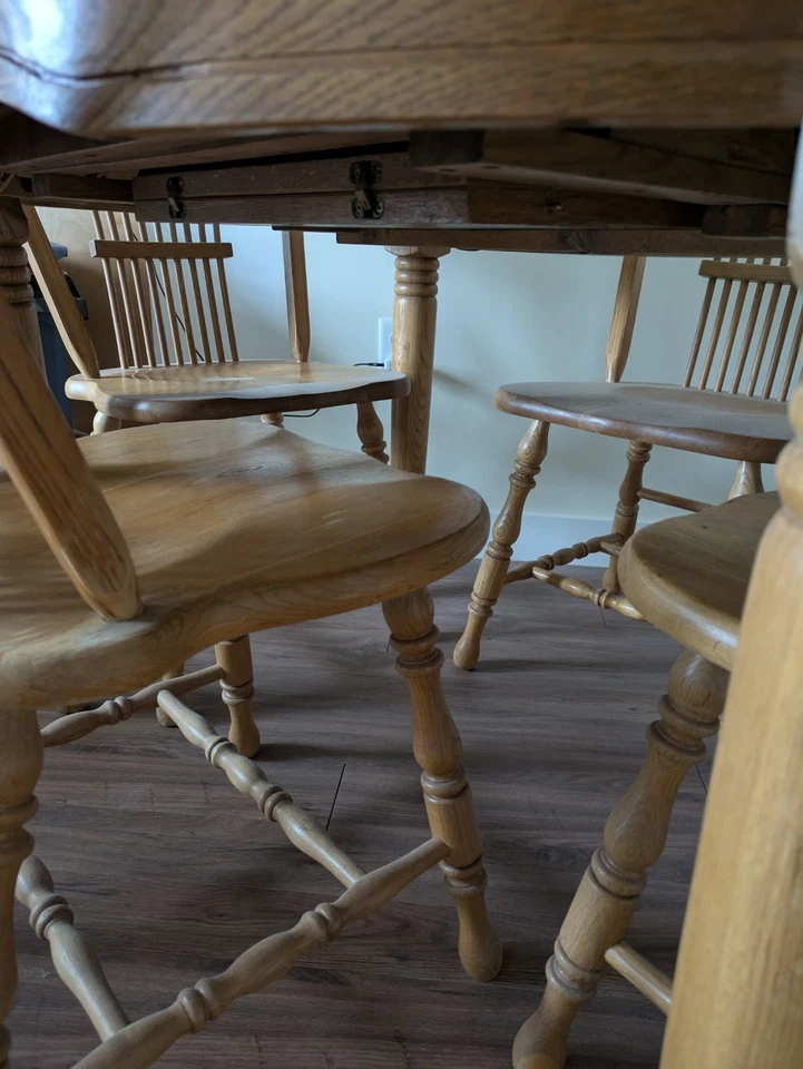 Dining Table Oak Solid Round/Oval Wood 5 Piece Set With Built In Leaf - Image 2 of 4