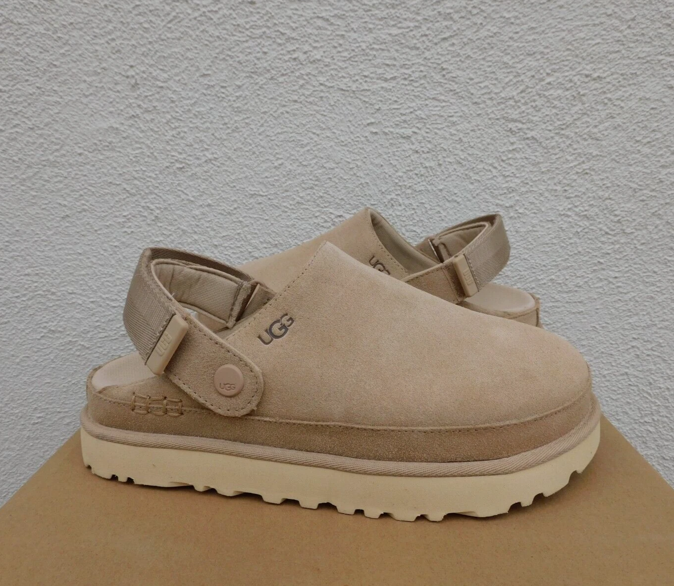 SANDALI CON PLATEAU UGG DRIFTWOOD GOLDENS ZOCCOLI SCAMOSCIATI DONNA US 6 EUR 37 ~NUOVI CON SCATOLA