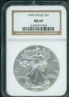 1999 American Silver Eagle ASE NGC MS69 MS-69 Premium Quality PQ+ Older Holder