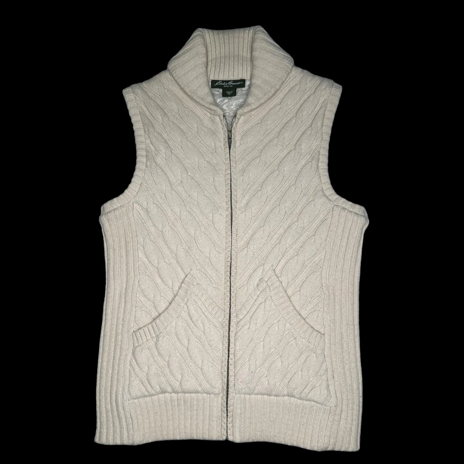 Eddie Bauer Womens Sweater Vest Cable Knit Wool Size M Full Zip Insulated Lined