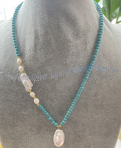 Natural Blue Turquoise White Rice Baroque Pearl Pendant Necklace Earrings Set - Picture 5 of 23