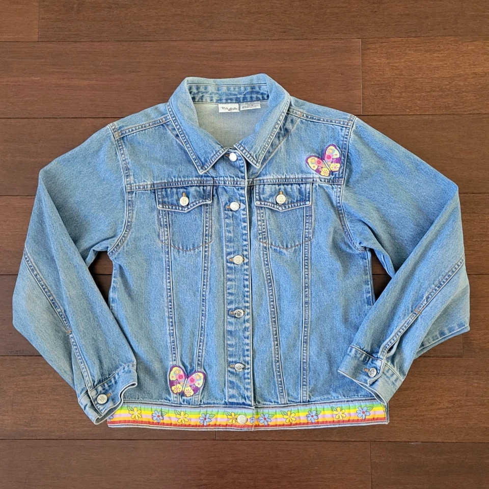 Ponytails Girls Button-Up Denim Jacket Butterfly Rainbow Embroidered Size 14/16 - Image 4 of 4