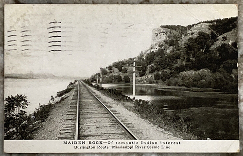 Burlington Route RR Maiden Rock Wisconsin Train Tracks 1911 DB Postcard 1490