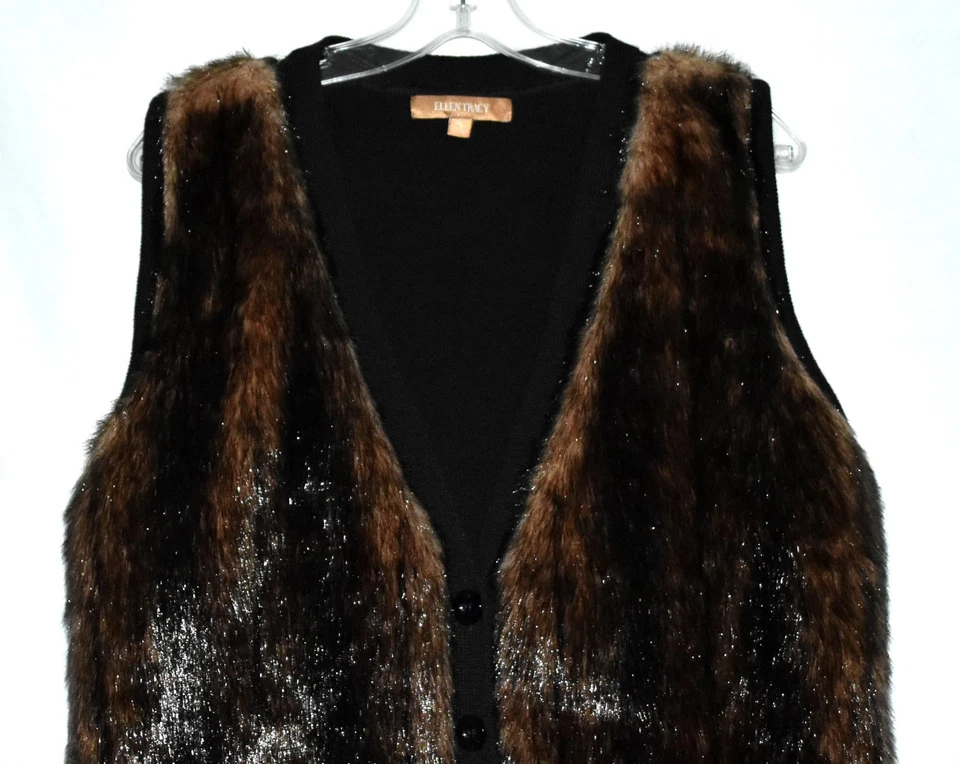 Chaleco para mujer Ellen Tracy marrón moteado imitación piel de visón con espalda tejida negra talla L Foto 3 de 4