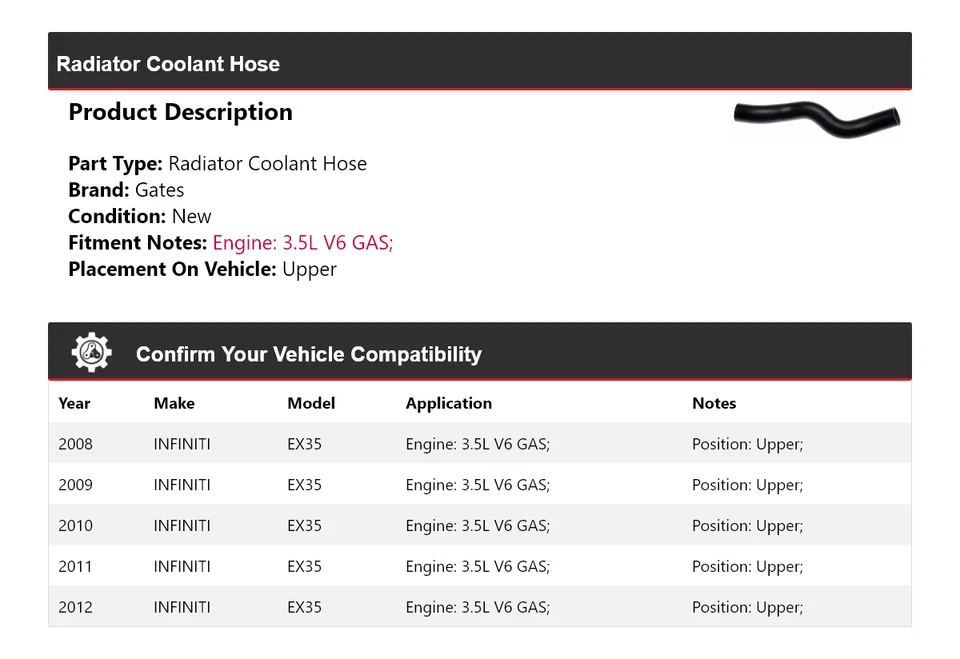 For 2008-2012 INFINITI EX35 3.5L V6 GAS Radiator Coolant Hose Upper Gates 2009 - Image 2 of 4