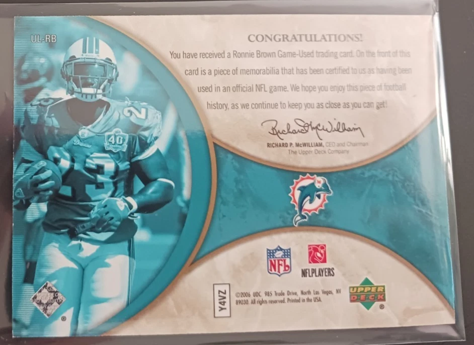 2006 Ultimate Collection Ultimate Jsy Silver RONNIE BROWN #UL- RB Dolphins /75 - Image 2 of 2