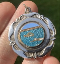 Art Deco Silver Plated Enamel Enamelled Sports Fob Medal For Swimming