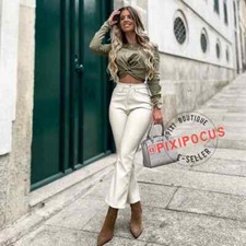 ZARA NEW FAUX LEATHER MINI FLARE ANKLE PANTS ECRU / CREAM SIZES 4, 6 , 8