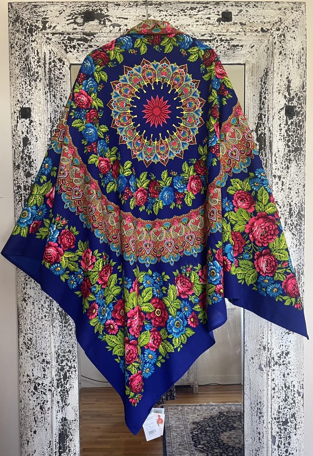 New Pavlovo Posad Shawl “Floral Carousel” 896-13 Blue 148cm Wool Fringe Rare NWT