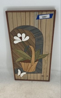 Vintage 1970s Multicolor Wooden Wall Hanging Framed Flower Basket Lath Art