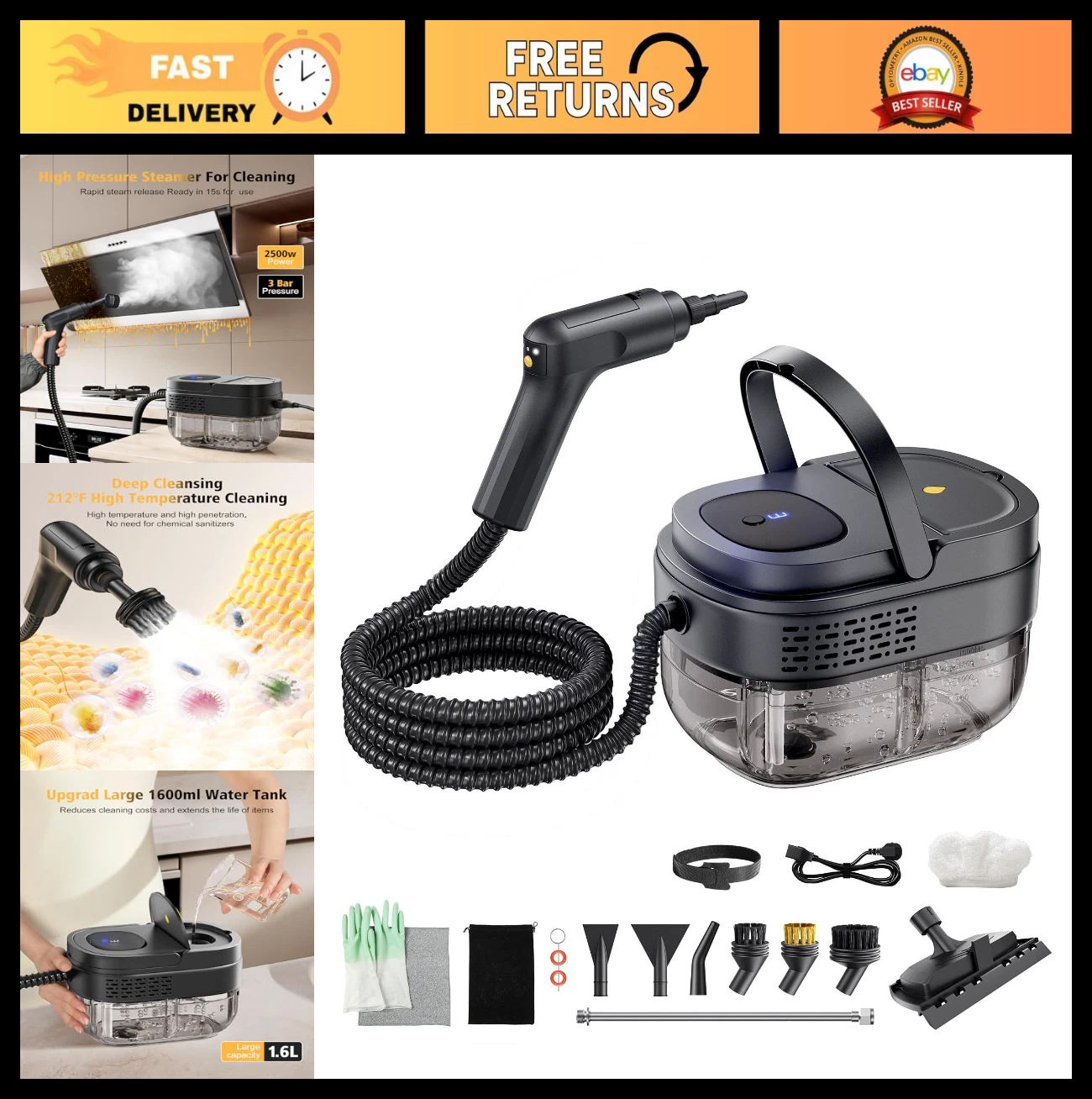 Portable Handheld Steam Cleaner 2500W, 1600ML, 3-Speed Adjustable for Home & Car