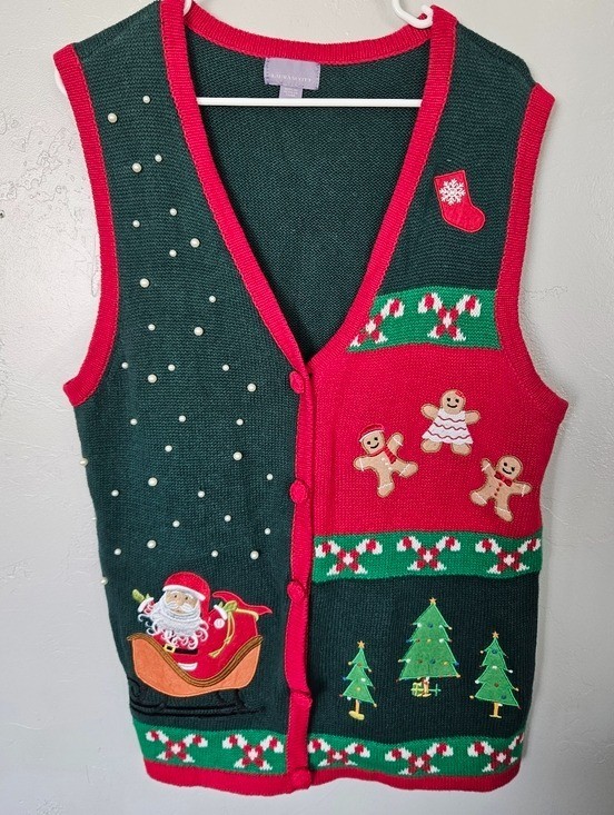 Holiday Christmas Sweater Vest Santa Gingerbread Trees Laura Scott Vintage XL