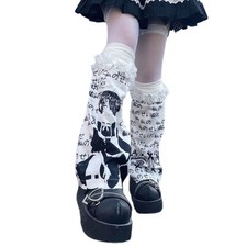 Japanese Harajuku Anime Letter Print Leg Sleeve Elastic Ruffle Trim Leg Warmer
