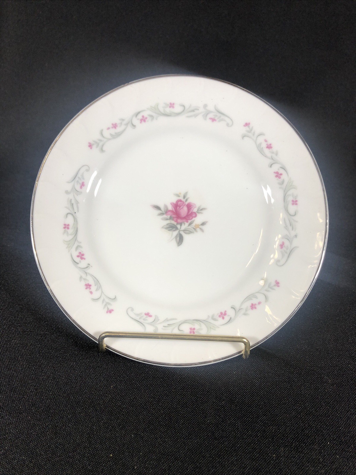 Royal Swirl Fine China bread plate Rose grey w/ silver trim Japan 6 3/8