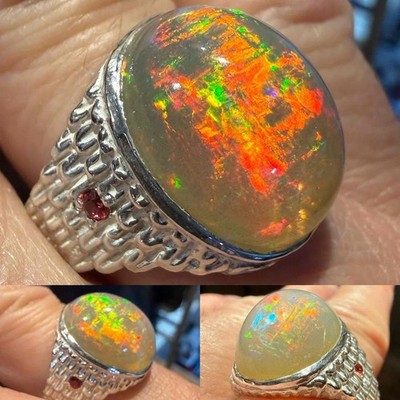 10.61 CT OPAL + PADPARADSCHA .925 STERLING SILVER MENS RING SZ 9, 10.7GR 1OAK
